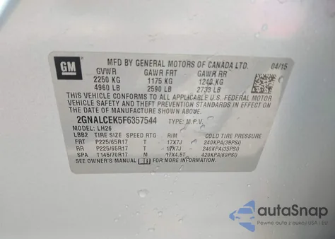2015 Chevrolet Equinox 2Lt from USA, damaged, VIN 2GNALCEK5F6357544